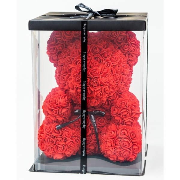 Αρκουδάκι από κόκκινα τεχνητά τριαντάφυλλα με φιογκάκι  σε συσκευασία δώρου, 33εκ. 0227-1