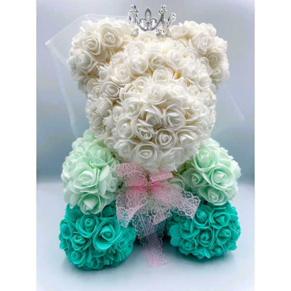Αρκουδάκι Mohicans από τεχνητά τριαντάφυλλα Love Bear τρίχρωμο με κορώνα 40cm 0988-5-1 Μέντα