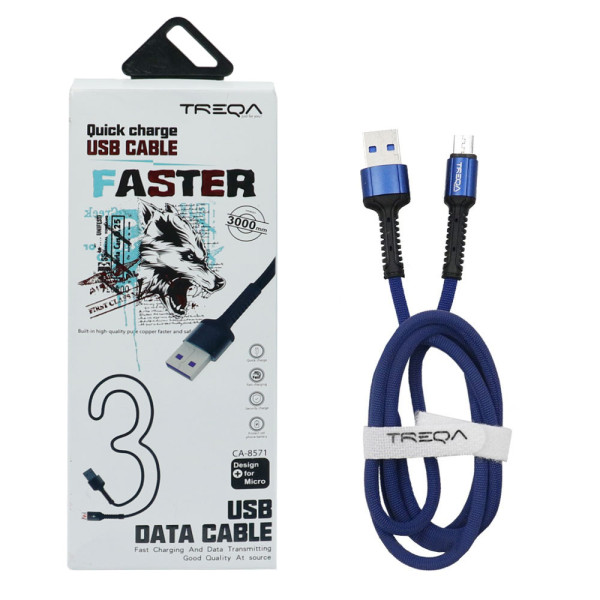 Καλώδιο Γρήγορης Φόρτισης και Μεταφοράς Δεδομένων 3m USB 3.1A σε Micro USB Treqa CA-8571 Μπλε-Μαύρο