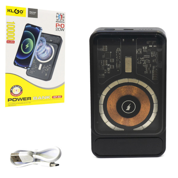 Powerbank 10000 mAh με 1 Θύρα Type-c και Ασύρματη Φόρτιση PD20W KLGO KP-92 Μαύρο