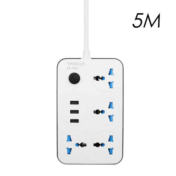 Πολύπριζο Ασφαλείας 4 Θέσεων EU/UK/US/CN με Διακόπτη, 3 Θύρες USB και Καλώδιο 5m 3000W Treqa PL-503-5M Λευκό