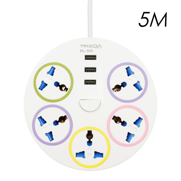 Πολύπριζο Ασφαλείας 5 Θέσεων EU/UK/US/CN με Διακόπτη, 3 Θύρες USB και Καλώδιο 5m 3000W Treqa PL-505-5M Λευκό