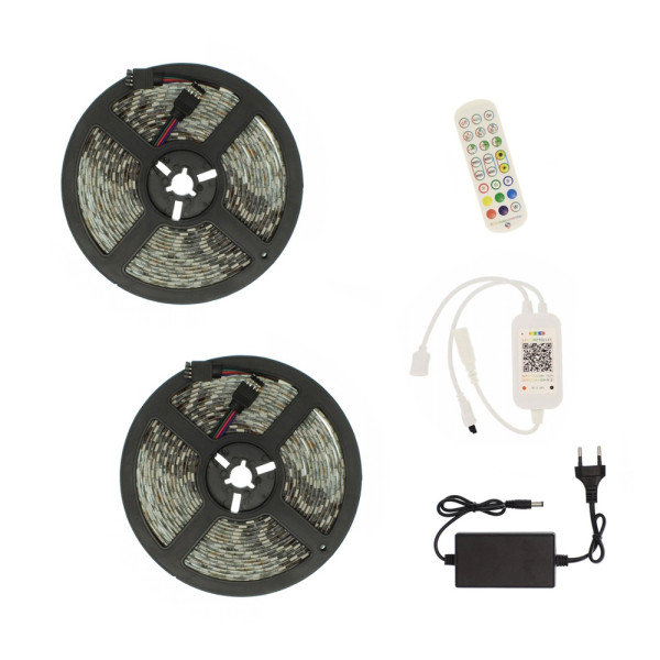 Αδιάβροχη Led Ταινία 12V 10m (2x5m) με Τηλεχειριστήριο, Bluetooth και Τροφοδοτικό Music RGB IP65 RZ-0011