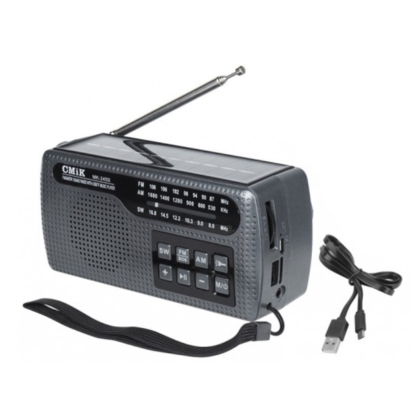 Φορητό Ραδιόφωνο Μπαταρίας με Ηλιακό Πάνελ και Μανιβέλα Φόρτισης TF, USB, CMiK MK-245S Μαύρο