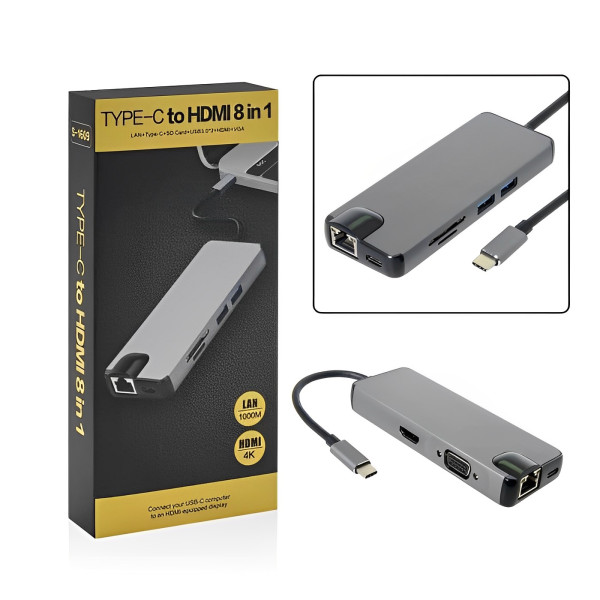 Μετατροπέας 8 σε 1 Τype C σε HDMI - VGA - 2 x USB 3.0 -  Type C - Ethernet YWX - Type C 8 x 1