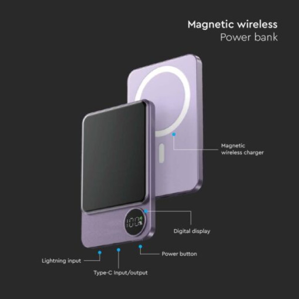 Magnetic wireless power bank 1500mAh 22.5w fast charging with Display and Wireless Charging 17743-1040 Purple