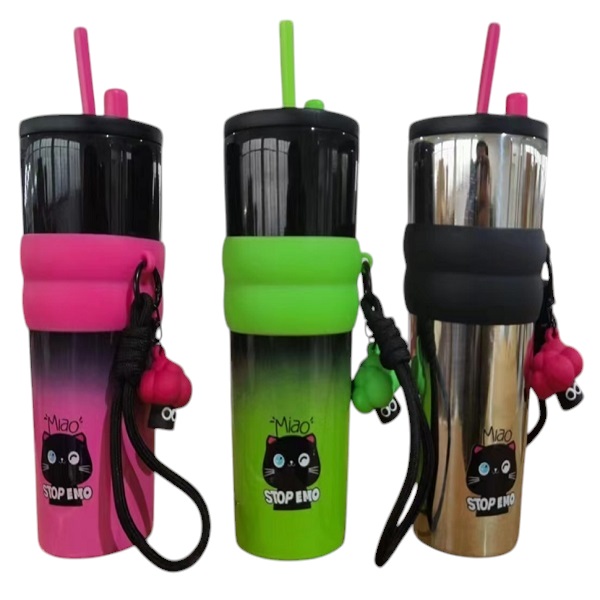 Θερμός - ποτήρι με καλαμάκι και ανοξείδωτο ατσάλι διπλού τοιχώματος 710ml JB-1029 Πράσινο/Ροζ/Ασημί