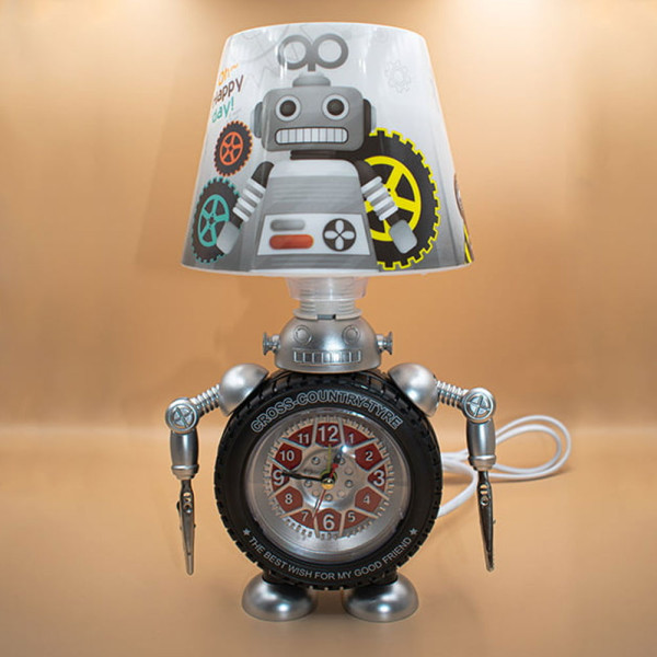 Παιδικό Επιτραπέζιο Φωτιστικό - Πορτατίφ με Ρολόι και Σχέδιο Ρομπότ 15353 Γκρι