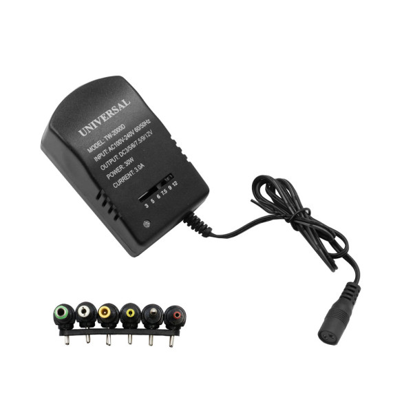 Universal Τροφοδοτικό με 6 Βύσματα 220V AC σε DC 3 - 12V 3A 30W 3.0A TW-2000D Μαύρος