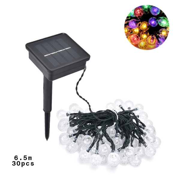 Αδιάβροχη Ηλιακή Γιρλάντα Φωτισμού 6.5m με Διάφανες Κρεμαστές Μπάλες 30τμχ και 8 Διαφορετικές Λειτουργίες σε RGB Φωτισμό BX-002