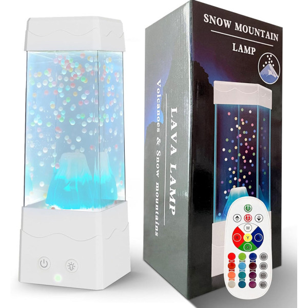 LED Επιτραπέζιο Επαναφορτιζόμενο Φωτιστικό USB με Χιονισμένο Ηφαίστειο και Τηλεκοντρόλ για Εναλλαγή RGB Φωτισμού BH1001 Λευκό