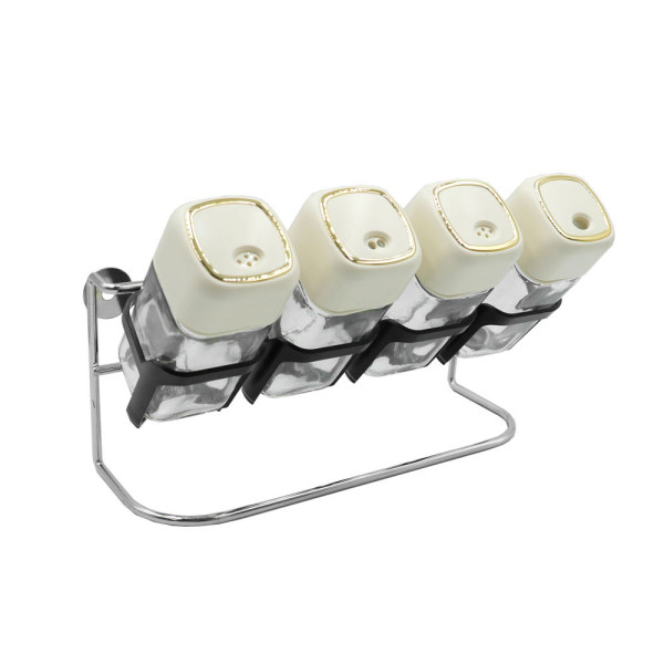 Σετ Γυάλινες Θήκες Μπαχαρικών 4τμχ Μπεζ σε Επιτοίχια - Επιτραπέζια Μεταλλική Βάση SF1021MJ