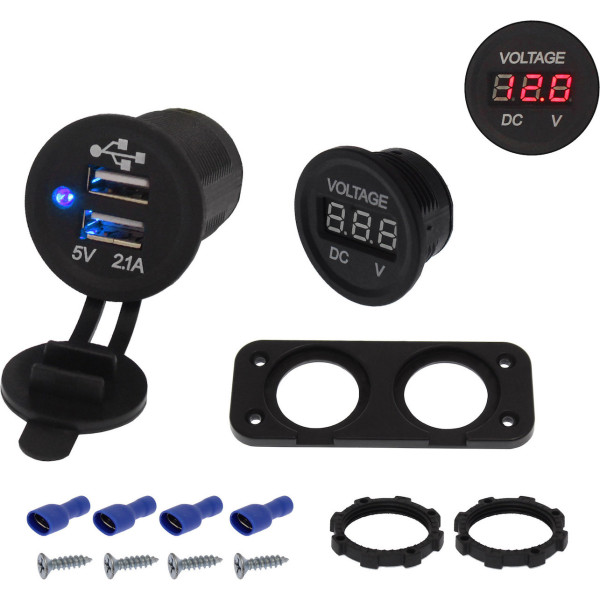 Σετ Βολτόμετρο 12V - 24V και USB Φορτιστής Διπλός με βάση πάνελ IP65 Κόκκινο W11851-1