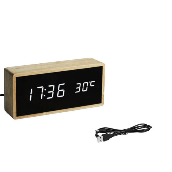 Επιτραπέζιο Ψηφιακό Ξύλινο Ρολόι - Ξυπνητήρι με Θερμοκρασία και Υγρασία Μαύρο - Λευκό HYH-098