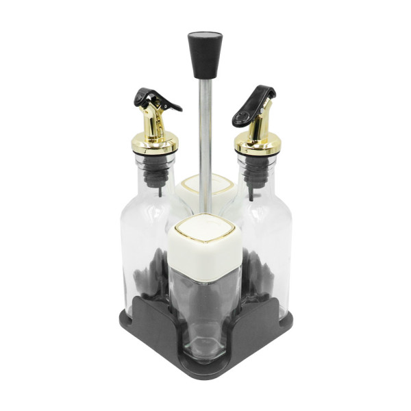 Σετ Γυάλινες Διάφανες Θήκες Μπαχαρικών 2τμχ και Δοχεία για Λάδι και Ξύδι σε Μαύρη Βάση SF1007MJ Χρυσό - Μπεζ - Μαύρο