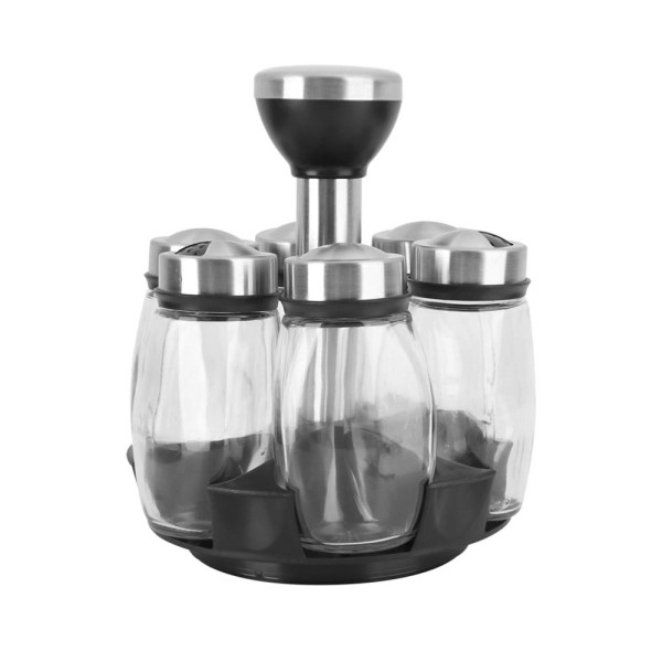 Σετ Γυάλινες Διάφανες Θήκες Μπαχαρικών 6τμχ σε Περιστρεφόμενη Μαύρη Βάση ΟΤ-107