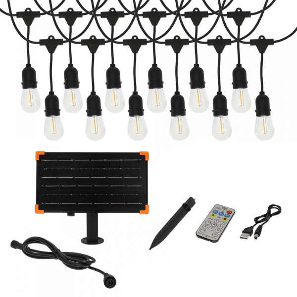 Αδιάβροχη Ηλιακή Γιρλάντα Φωτισμού 10 Μέτρα με 12 Λάμπες E27 Θερμό Λευκό και Τηλεχειριστήριο RZ.SLDC-10M12D Μαύρη