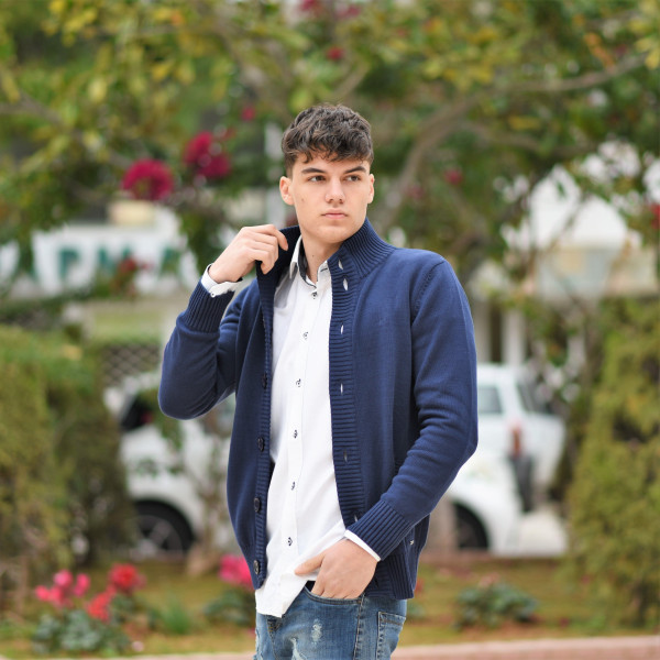 MEN'S KNITTED CARDIGANS BUTTON COTTON MOHICANS 355 BLUE