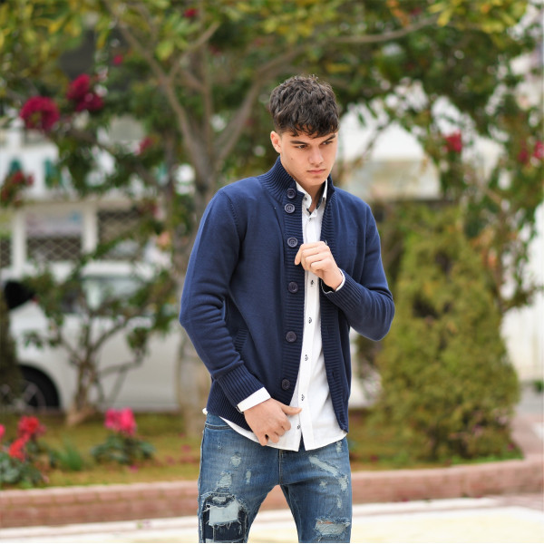 MEN'S KNITTED CARDIGANS BUTTON COTTON MOHICANS 355 BLUE