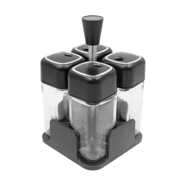 Σετ Γυάλινες Διάφανες Θήκες Μπαχαρικών 4τμχ σε Μαύρη Πλαστική Βάση SF1008HY