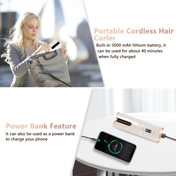 Rechargeable Hair Iron For Curls With Led Screen – Cordless Automatic Curler 501-6 White