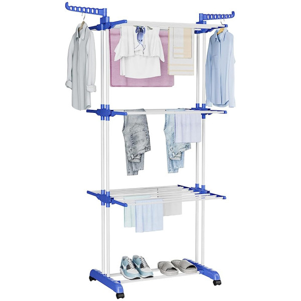Πτυσσόμενη Απλώστρα Ρούχων 3 Επιπέδων 172 x 126 x 64 x με Ροδάκια Μπλε
