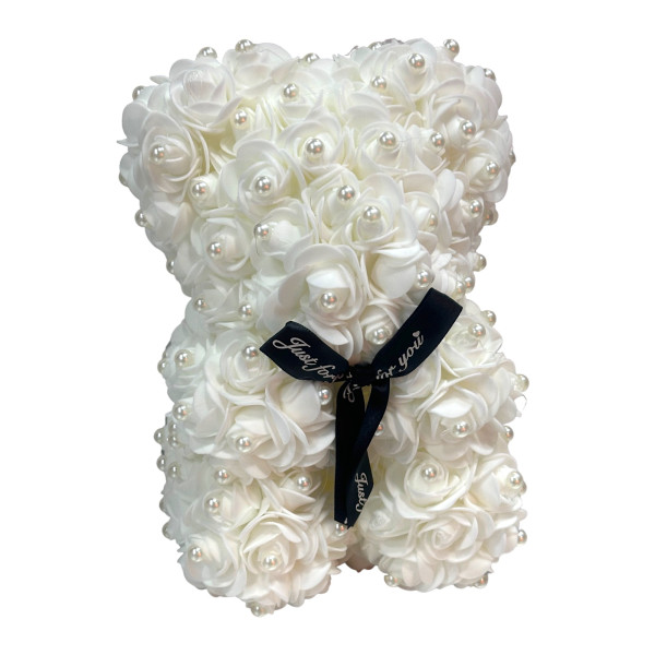 Αρκουδάκι από Τεχνητά Τριαντάφυλλα με πέρλες σε Συσκευασία Δώρου 25cm 82598 Λευκό