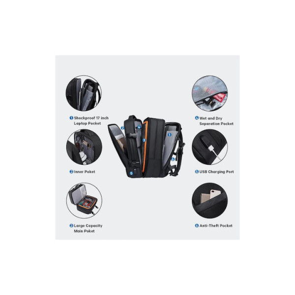 Ozuko Ανδρικό Υφασμάτινο Σακίδιο Πλάτης Αδιάβροχο με Θύρα USB 8983L Μαύρο