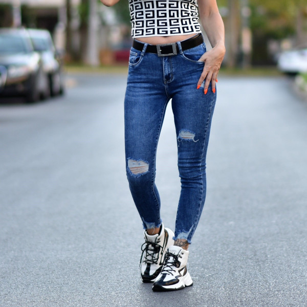 TROUSERS HIGH-WAISTED JEANS WITH TORNS MOHICANS 9308 BLUE