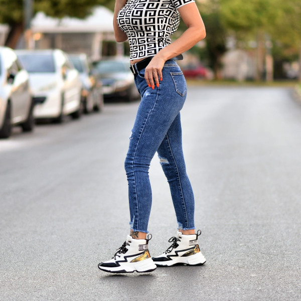 TROUSERS HIGH-WAISTED JEANS WITH TORNS MOHICANS 9308 BLUE