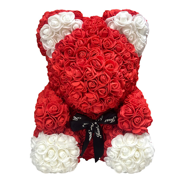 Αρκουδάκι Mohicans από τεχνητά τριαντάφυλλα Love Bear  με άσπρες πατούσες και αυτάκια 40cm 98194-1 Κόκκινο