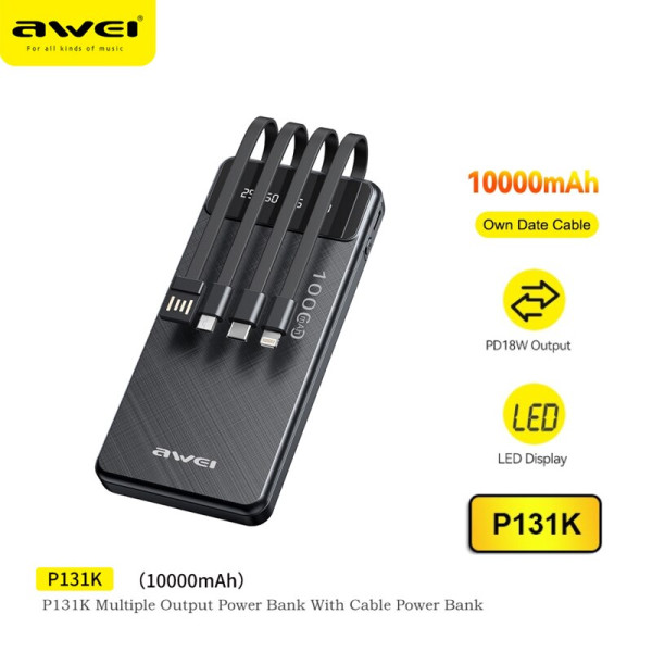 Powerbank 10000 mAh με Ενσωματωμένα Καλώδια Φόρτισης και Θύρα USB-C Awei P131K Μαύρο
