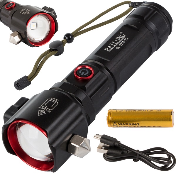 Στρατιωτικός φακός πολλαπλών λειτουργιών Λειτουργία ζουμ και Σφυρί για θραύση γυαλιού BL-2210-TG Μαύρος