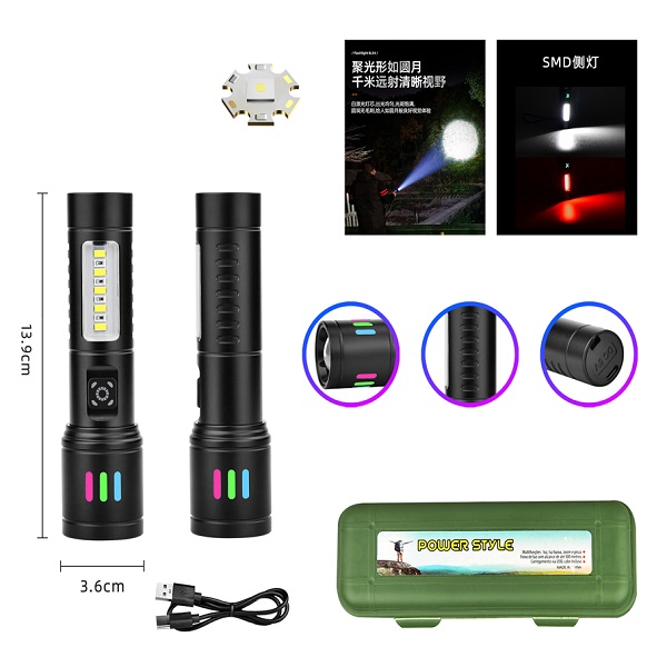 LED Επαναφορτιζόμενος Φακός COB με Πλαϊνό φακό LED Λευκού και κόκκινου φωτισμού 6 ρυθμίσεων φωτισμού BL-625-TG