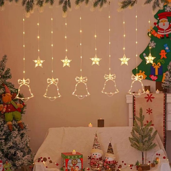 Χριστουγεννιάτικα Φωτάκια 3.6x0.8m Κουρτίνα Αστέρια Καμπάνες BX-024 Θερμό Χρώμα