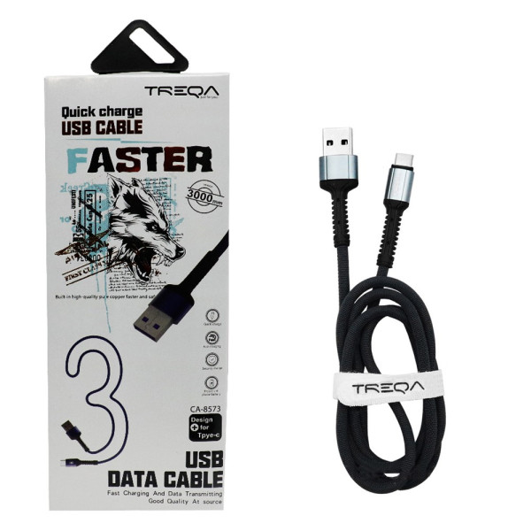 Καλώδιο Γρήγορης Φόρτισης και Μεταφοράς Δεδομένων 3m USB 3.1A σε Type-c Treqa CA-8573-S Ασημί - Μπλε