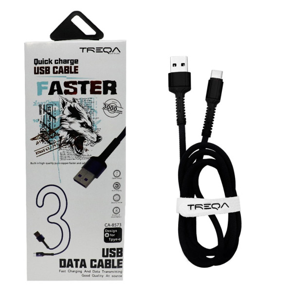 Καλώδιο Γρήγορης Φόρτισης και Μεταφοράς Δεδομένων 3m USB 3.1A σε Type-c Treqa CA-8573-B Μαύρο