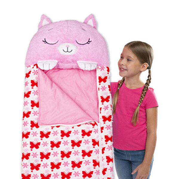 Παιδικός διασκεδαστικός υπνόσακος & λούτρινο Cat 50εκ Ροζ