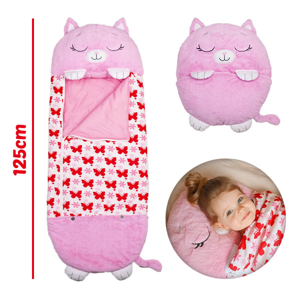 Παιδικός διασκεδαστικός υπνόσακος & λούτρινο Cat 50εκ Ροζ