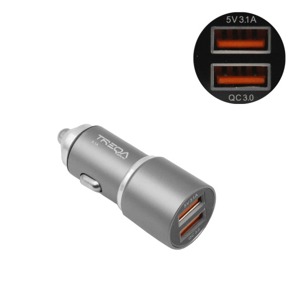 Φορτιστής Αναπτήρα Αυτοκινήτου Ταχείας Φόρτισης 5.1A 12V - 24V με 2 Θύρες USB-A Treqa CC-324 Ασημί