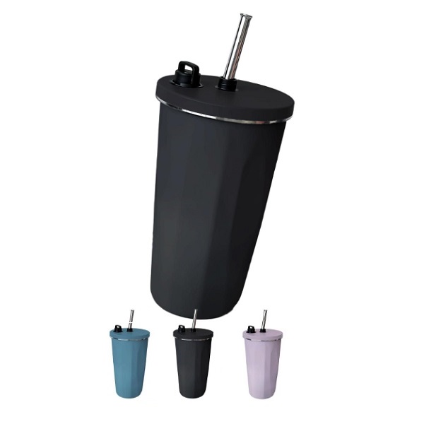 Θερμός - ποτήρι με μεταλλικό καλαμάκι 600ml JB-293 Μαύρο/Ροζ/Πράσινο