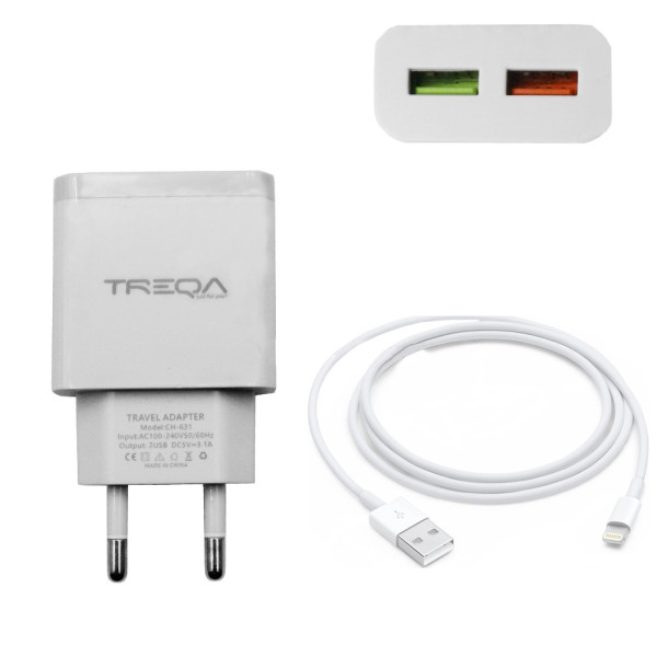 Φορτιστής Ταχείας Φόρτισης με 2 Θύρες USB 3.1A και Καλώδιο Lightning 1m Treqa CH-631-L Λευκό