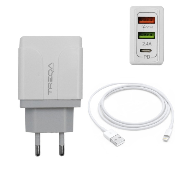 Φορτιστής Ταχείας Φόρτισης με 2 Θύρες USB 5.4A, 1 θύρα USB-C PD 38W και Καλώδιο Lightning 1m Treqa CH-640-L Λευκό