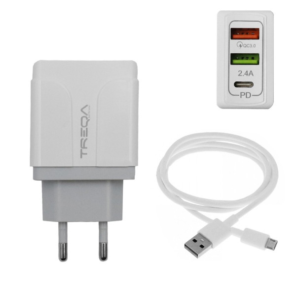 Φορτιστής Ταχείας Φόρτισης με 2 Θύρες USB 5.4A, 1 θύρα USB-C PD 38W και Καλώδιο Micro USB 1m Treqa CH-640-M Λευκό