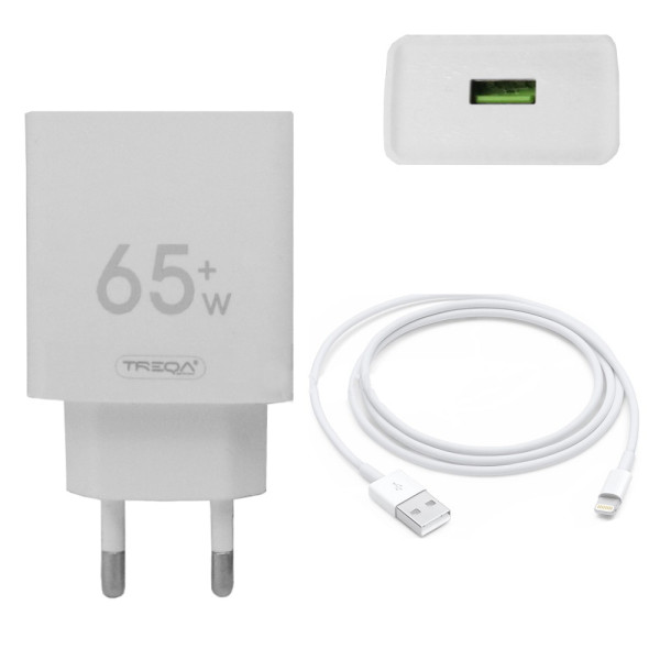 Φορτιστής Ταχείας Φόρτισης με 1 Θύρα USB 4.5A 65W και Καλώδιο Lightning 1m Treqa CS-228 Λευκό