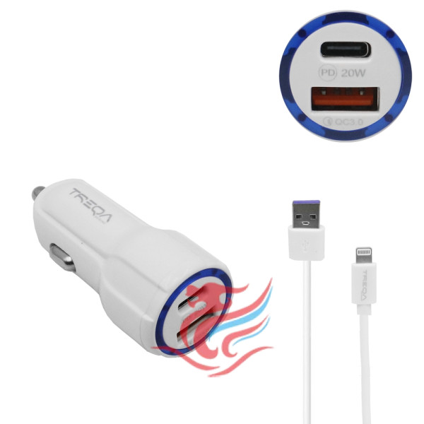 Φορτιστής Αναπτήρα Αυτοκινήτου Ταχείας Φόρτισης 12V - 24V με 2 Θύρες USB-A 3.1Α και Καλώδιο Lightning 1m Treqa CS-233-W Λευκό