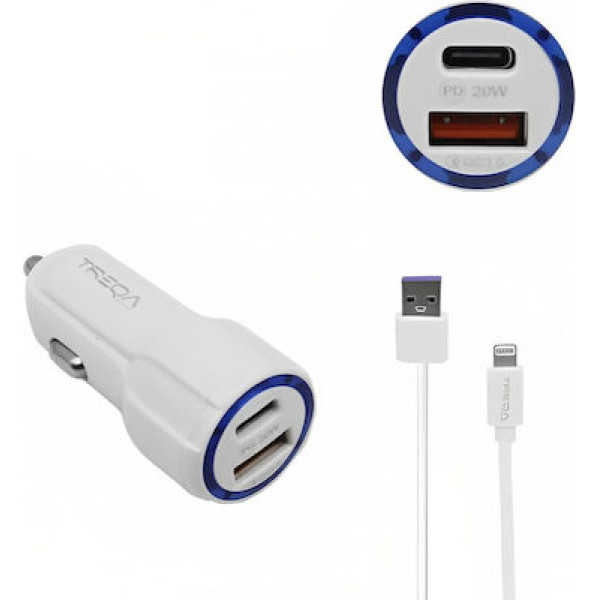 Treqa Φορτιστής Αυτοκινήτου Λευκός Γρήγορης Φόρτισης με Θύρες: 1xUSB 1xType-C μαζί με Καλώδιο Iphone Lightning