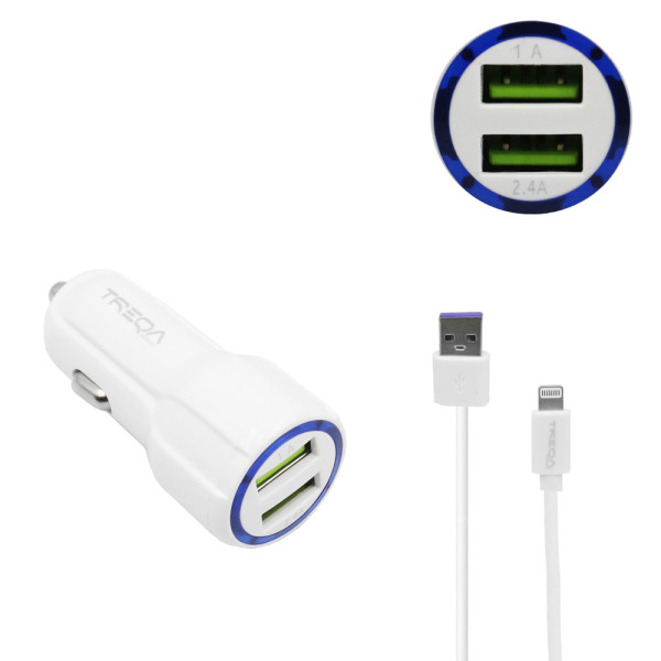 Φορτιστής Αναπτήρα Αυτοκινήτου Ταχείας Φόρτισης 12V - 24V με 2 Θύρες USB-A 3.1Α και Καλώδιο Lightning 1m Treqa CS-234W Λευκό