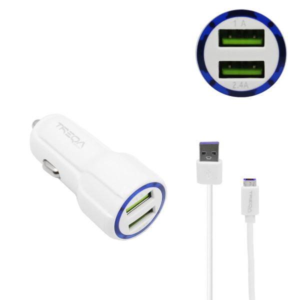Φορτιστής Αναπτήρα Αυτοκινήτου Ταχείας Φόρτισης 12V - 24V με 2 Θύρες USB-A 3.1Α και Καλώδιο Micro USB 1m Treqa CS-234-W Λευκό