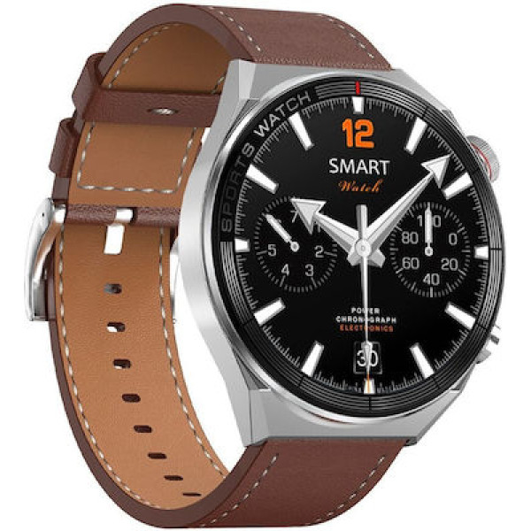 DT3 Mate 45mm Smartwatch με Παλμογράφο Ασημί Κάσα / Καφέ Λουρί Δερμάτινο